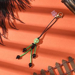 Зеленый лайм Подвеска в виде скелета на тему Хэллоуина из стеклянных семян, натурального черного оникса и синтетической бирюзы, с карабинами и пылезащитными заглушками из ПВХ, зеленый лайм, 120~127 мм