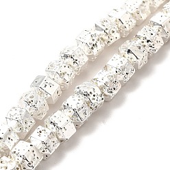Silver Plated Electroplated Natural Lava Rock Beads Strands, Hexagon, Silver Plated, 6.5x7.5x6mm, Hole: 1mm, about 66~67pcs/strand, 15.28~15.35 inch(38.8~39cm)