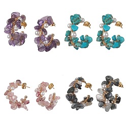 Mixed Stone 4 Pairs 4 Style Natural & Synthetic Mixed Gemstone Chips Beaded Ring Stud Earrings, Brass Wire Wrap Half Hoop Earrings, 30~32x13.5~15x28~30mm, 1 Pair/style