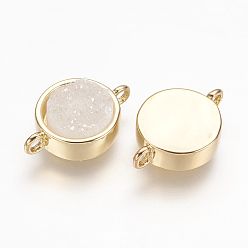 (7BDF) Прозрачный морозный бирюзовый Соединители звеньев натурального агата друзы, с настоящими 18 к золотыми медными выводами, плоско-круглые, окрашенные, призрачный белый, 12x17.5x4.5 мм, отверстие : 1 мм