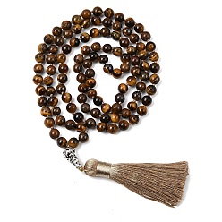 Тигровый глаз Натуральные бусины-мала с тигровым глазом, молитвенные круглые ожерелья с длинной кисточкой и металлическим деревом жизни, для йоги-медитации, платина, 40.16 дюйм (102 см)