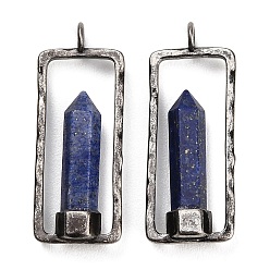 Lapis Lazuli Dyed Natural Lapis Lazuli Pendants, Faceted Pointed Bullet Charms with Brass Rectangle Frame, Antique Silver, 42.5x17x6mm, Hole: 3.6mm