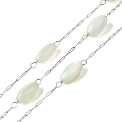 Beige 304 Stainless Steel Cable Chains with Dyed Shell Beads, Rice, Soldered, with Spool, Beige, 2.5x0.8x0.1mm