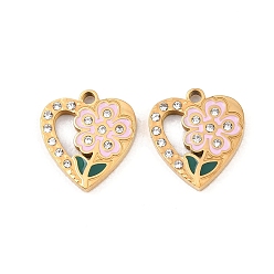 Pink 304 эмалированная нержавеющая сталь с подвесками из стразов, сердце с цветочными подвесками, ионное покрытие (ip), реальный 18 k позолоченный, розовые, 14x12.5x2.2 мм, отверстие : 1.5 мм