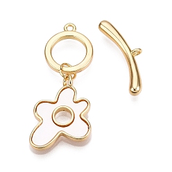 Настоящее золото 18K Застежки-тогглы из латуни и ракушек, без кадмия, без никеля и без свинца, цветок, реальный 18 k позолоченный, 17.5x13x2 мм, отверстие : 1.8 мм, бар: 6x19x2.5 mm, отверстие : 1.2 мм, Кольцо: 12.5x10.5x1.5 mm, отверстие : 1.2 мм