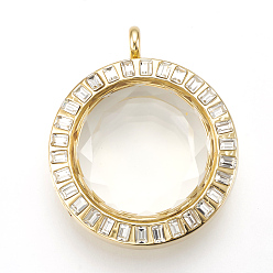 Golden Alloy Magnetic Locket Pendants, with Rhinestone and Glass, Flat Round, Crystal, Golden, 39.5x33x16mm, Hole: 4mm, Inner diameter: 20mm