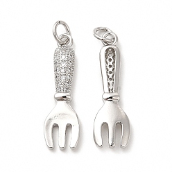 Real Platinum Plated Rack Plating Brass Micro Pave Cubic Zirconia Tableware Pendants, Cadmium Free & Lead Free, Fork Charm, with Jump Ring, Real Platinum Plated, 24.7x7.5x3mm, Hole: 3.4mm