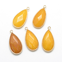 Gold Natural White Jade Pendants, with Golden Tone Brass Findings, Faceted, teardrop, Dyed, Gold, 32.5~33x16x6mm, Hole: 2.5mm