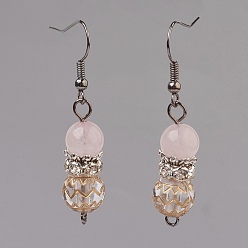 Rose Quartz Natural Rose Quartz Beads Dangle Earrings, with Plating Acrylic Beads, Brass Rhinestone Spacer Beads and Brass Earring Hooks, 44~45mm, Pin: 0.6mm