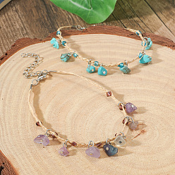 Платина Браслеты на лодыжку в богемном стиле, украшенные синтетической бирюзой и натуральным аметистом, с кисточками из рафии и двойным слоем шнура., платина, 9-1/2 дюйм (240 мм), 2 шт / комплект