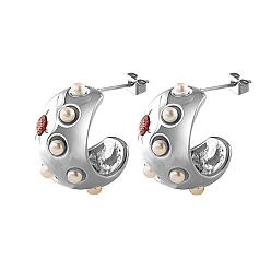 Stainless Steel Color 304 Stainless Steel Micro Pave Cubic Zirconia Stud Earrings, Half Hoop Earrings with Imitation Pearl Beads, Stainless Steel Color, 23x15mm