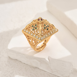 Золотой Латунные микропаве кубические цирконии геометрические полые регулируемые кольца для женщин, золотые, 22 мм, внутренний диаметр: регулируемый