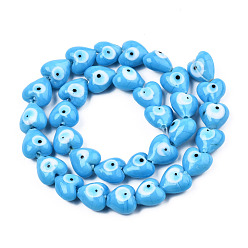 Deep Sky Blue Handmade Evil Eye Lampwork Beads Strands, Heart, Deep Sky Blue, 12~12.5x12~13x7.5mm, Hole: 1.2mm, about 33pcs/strand, 14.76 inch(37.5cm)