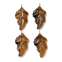 Тигровый глаз Резные подвески из натурального тигрового глаза, Подвески в виде листьев с фурнитурой из микропаве из латуни золотистого оттенка и кубическими циркониями случайного цвета., 49x24~24.5x6~8.5 мм, отверстие : 4x2.5 мм