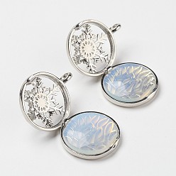 Opalite Opalite Pendants, with Brass Diffuser Locket Findings, Flat Round with Snowflake, 31x26x8mm, Hole: 4mm