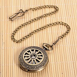 Antique Bronze Openable Flat Round Alloy Pendant Pocket Watch, Quartz Watches, with Iron Chain, Antique Bronze, 360mm, Watch Head: 59x47x14mm