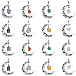 Смешанные камни 16шт 8 стили натуральные смешанные драгоценные камни самородки подвески, старинные посеребренные подвески в форме полумесяца из сплава, 37x8x2~8 мм, отверстие : 4x7 мм, 2 шт / стиль