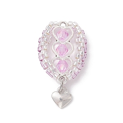 Фиолетовый Подвески из стеклянных бусин в виде воздушных шаров, с подвесками в виде сердечек из сплава и 304 открытыми соединительными кольцами из нержавеющей стали, фиолетовые, 33.5x16.5~19.5x6.5 мм, отверстие : 1.5 мм