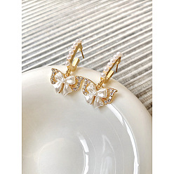 Bowknot Серьги-гвоздики из пластикового сплава с имитацией жемчуга, с кристально горный хрусталь, золотые, бантом, 28x16 мм