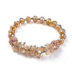 Orange Bracelets élastiques en verre facetté, avec perles rondes en pâte polymère avec strass et 304 perles d'espacement en acier inoxydable, verge d'or, 1-7/8 pouce (4.8 cm)