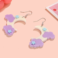 Средняя Орхидея Акриловые серьги болтаться, луна с облаком, золотые, средне орхидеи, 65x40 мм