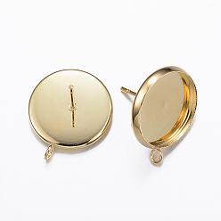 Golden 304 Stainless Steel Stud Earring Settings, with Loop, Flat Round, Golden, Tray: 14mm, 18.5x16x2mm, Hole: 2mm, Pin: 0.8mm