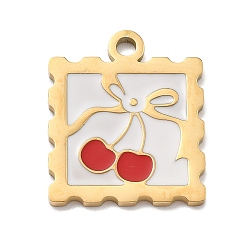 Вишня 304 нержавеющей стальной эмали подвески, реальный 18 k позолоченный, квадратный шарм, вишня, 19.5x16.5x1.5 мм, отверстие : 2 мм