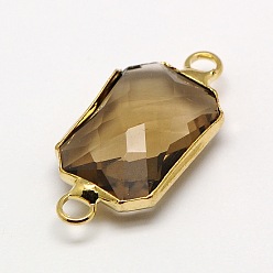 Светло-коричневый Золотистые латунные стеклянные прямоугольные звенья соединители, граненые, загар, 22x10x5 мм, отверстие : 2 мм