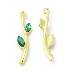 Green Rack Plating Alloy Pendants, with Glass, Leafy Branch Charms, Cadmium Free & Nickel Free & Lead Free, Light Gold, Green, 27.5x7.5x3mm, Hole: 1.4mm