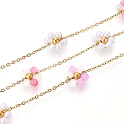 Pink 304 цветочные кабельные цепи из нержавеющей стали, с бусинами из стекла и АБС-пластика, имитирующими жемчуг, реальный 18 k позолоченный, пайки, с катушкой, ионное покрытие (ip), розовые, 8x9~9.5x3 мм, около 32.81 футов (10 м) / рулон