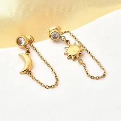 Настоящее золото 18K Луна и солнце 304 серьги-гвоздики с кисточками из нержавеющей стали с микропаве из прозрачных кубических цирконий, с подвеской-цепочкой, слева и справа, реальный 18 k позолоченный, 41~42x6.5~9.5 мм