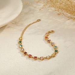 Сердце 304 Теннисные браслеты из нержавеющей стали с разноцветными кубическими циркониями для женщин, золотые, сердце, 6.81 дюйм (17.3 см)