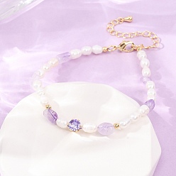 Amethyst Natural Lavender Amethyst Chip and Rice Natural Pearl Beaded Bracelets, Brass Pave Cubic Zirconia Bracelets, Real 18K Gold Plated, Long-Lasting Plated, Rack Plating, Lead Free & Cadmium Free, 6.50 inch(16.5cm)