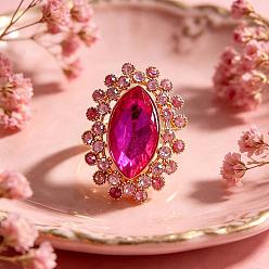 Magenta Zinc Alloy Glass Finger Rings, Horse Eye, with Rhinestone, Golden, Magenta, 47x37mm, Inner Diameter: 18mm