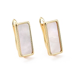 Golden Rack Plating Brass Hoop Earring Findings with Latch Back Closure, with Natural White Shell and Horizontal Loop, Rectangle, Golden, 17x7.5x11mm, Hole: 1.2mm, Pin: 0.9mm