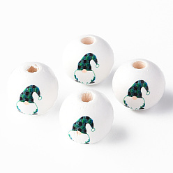 Темно-Зеленый Расписные круглые бусины из натурального дерева, Дед Мороз, темно-зеленый, 16x15 мм, отверстие : 4 мм