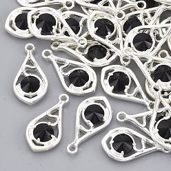 Черный Граненые подвески стекла, с настройками открытой спины из экологически чистого сплава, без никеля , слеза, серебряный цвет гальваническим, чёрные, 21x11x3.5 мм, отверстие : 1.6 мм