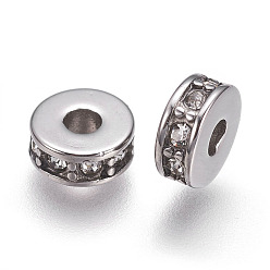 Antique Silver 304 Stainless Steel Beads, with Cubic Zirconia, Flat Round, Clear, Antique Silver, 7x3mm, Hole: 2.5mm