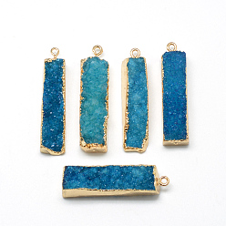 Озёрно--синий Естественно druzy агат подвески, с латунной фурнитурой , окрашенные, прямоугольные, золотые, Плут синий, 39~44x9~12x8~15 мм, отверстие : 1.8 мм