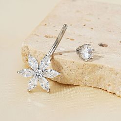 Платина Кольца для пупка в форме изогнутой штанги из латуни с прозрачным кубическим цирконием и блестящим цветком для ежедневного ношения, платина, 31x13 мм