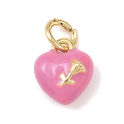 Темно-Розовый Латунь эмаль прелести, Сердце с розой, с целью перехода в кольце, без кадмия и без свинца, стойки покрытие, долговечный, реальный 18 k позолоченный, темно-розовыми, 9.5x8x4 мм, отверстие : 3 мм