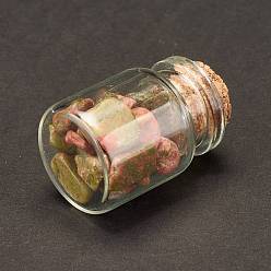 Unakite Transparent Glass Wishing Bottle Decoration, with Natural Unakite Chip Beads, 22x34mm, Chip Beads: 6~16x5~10x2~8mm