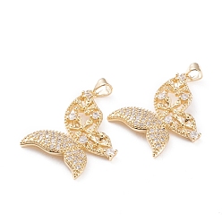 Настоящее золото 18K Латунные микропаве прозрачные подвески с фианитом, долговечный, бабочка, реальный 18 k позолоченный, 31x26x4.5 мм, отверстие : 3x4 мм