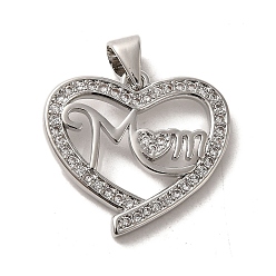 Платина Подвески из латуни с микропаве ко Дню матери и кубическим цирконием, без кадмия, без никеля и без свинца, сердце с мамой, платина, 18.5x20x2 мм, отверстие : 5x3 мм