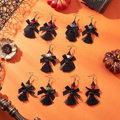 (52) Непрозрачная лаванда Серьги-подвески с кисточками и бантом из акрила и синтетической бирюзы, поликоттона и полиэстера, с  латунными крючками для серег, металлический черный , череп, разноцветные, 79~80x45 мм