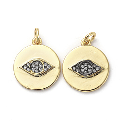 Черный Цвет Металла & Золотой Латунные микропаве прозрачные подвески с фианитом, с прыжковых колец, плоские круглые с глаз, металлический черный & золотой, 17x15x2 мм, отверстие : 3 мм