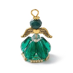 чирок Граненые подвески стекла, ангельское очарование, с крылом из античного золотого сплава и золотой железной петлей, стеклянными жемчужными бусинами и стеклянными бусинами, зелено-синие, 31x20x20 мм, отверстие : 2 мм