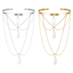 Платиновый & Золотой 2 шт. 2 цвета железные браслеты-манжеты на плечо для женщин, с акриловым жемчугом и кисточками, платиной и золотом, внутренний диаметр: 3-1/4 дюйм (8.15 см), 1 шт / цвет