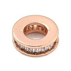 Розовое Золото Реечное покрытие латунь микро паве прозрачный кубический цирконий европейские бусины, бусины с большим отверстием, долговечный, без свинца и без кадмия, плоско-круглые, розовое золото , 9x2.8 мм, отверстие : 4.8 мм