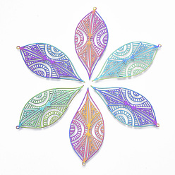 Rainbow Color Ионное покрытие (ip) 201 большие филигранные подвески из нержавеющей стали, гравированные металлические украшения, лист, Радуга цветов, 57.5x25x0.4 мм, отверстие : 1.2 мм